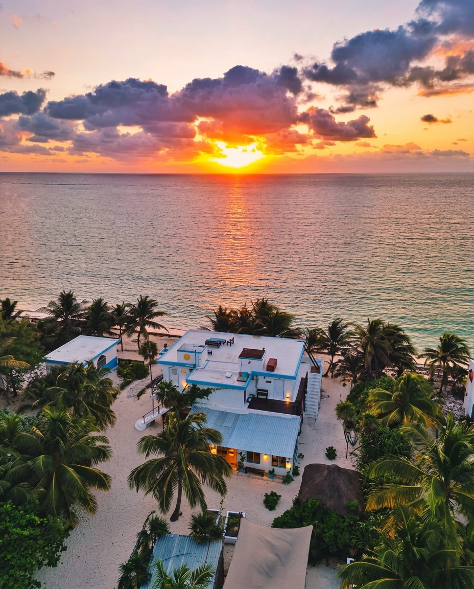 Aerial drone view of Pronoia Casa de Playa at golden-hour sunset — palms, beach, and the Caribbean Sea stretching to the horizon